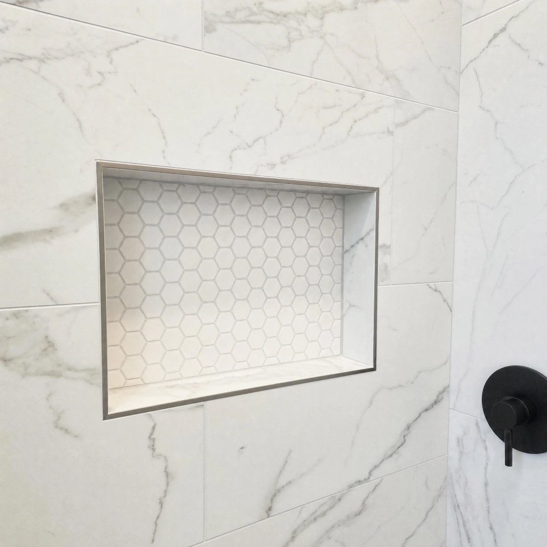 Recessed shower niche framed in accent tile and built into a large-format tiled shower wall