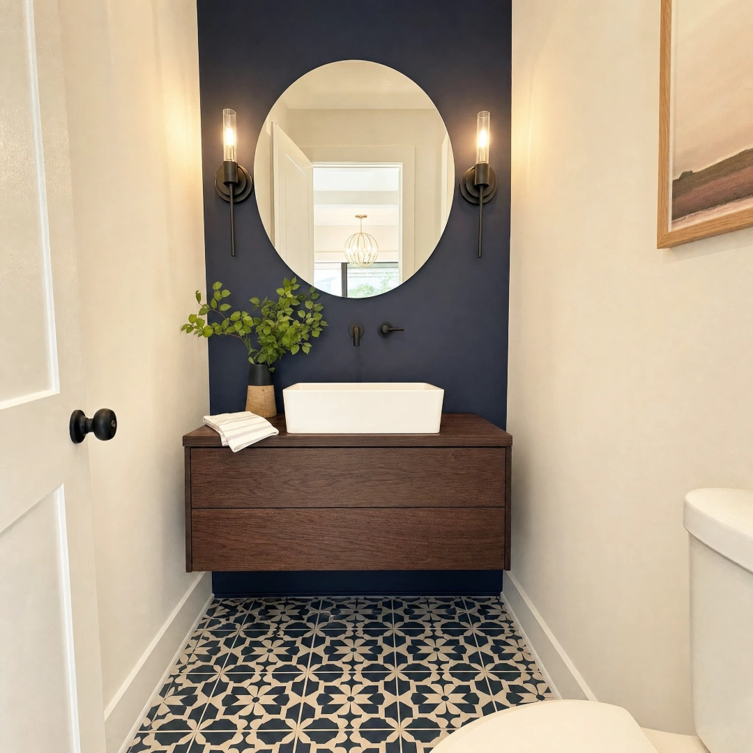 Remodeled powder room with a vanity, vessel sink, framed mirror and patterned tile floor