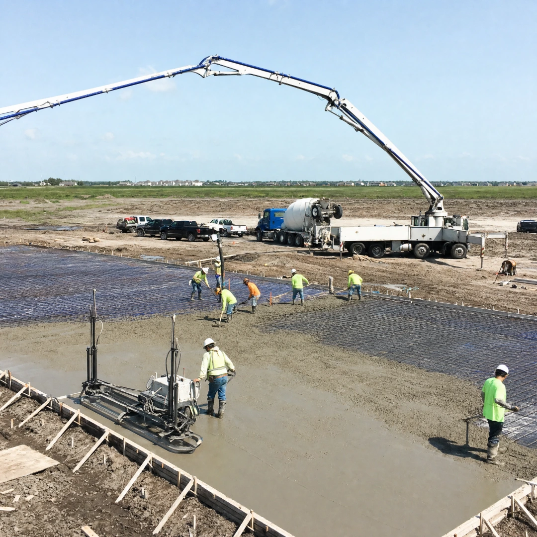 Crew placing and screeding a concrete slab foundation for a commercial building over rebar and vapor barrier