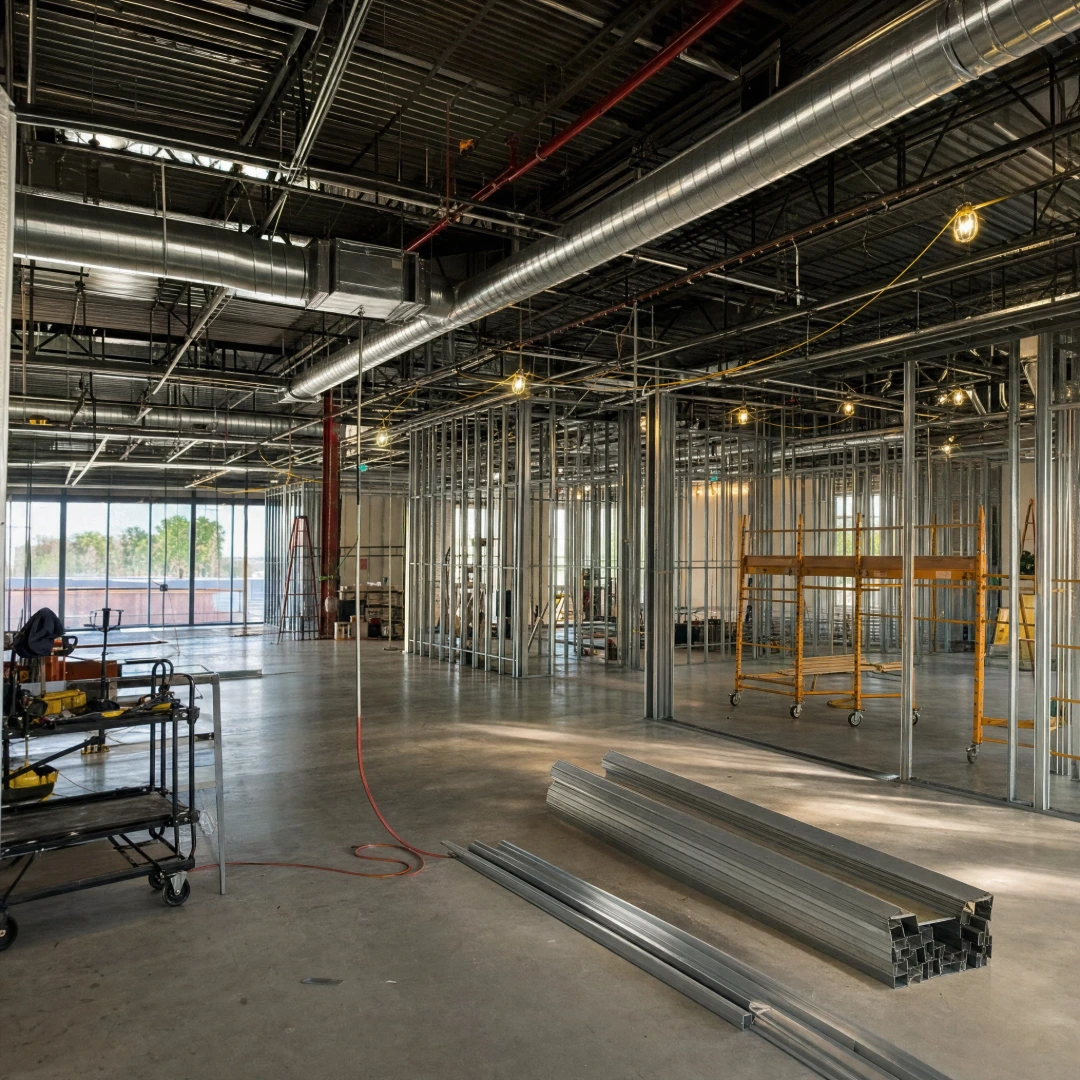 Commercial interior build-out in progress with metal stud framing, overhead ductwork and electrical rough-in