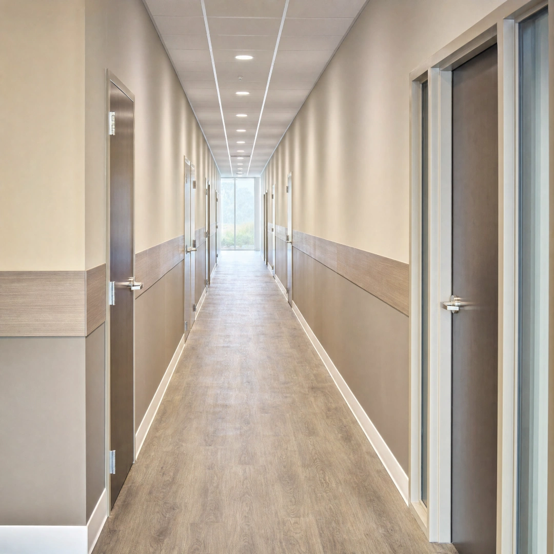 Renovated commercial corridor with new luxury vinyl flooring, painted walls and recessed LED lighting