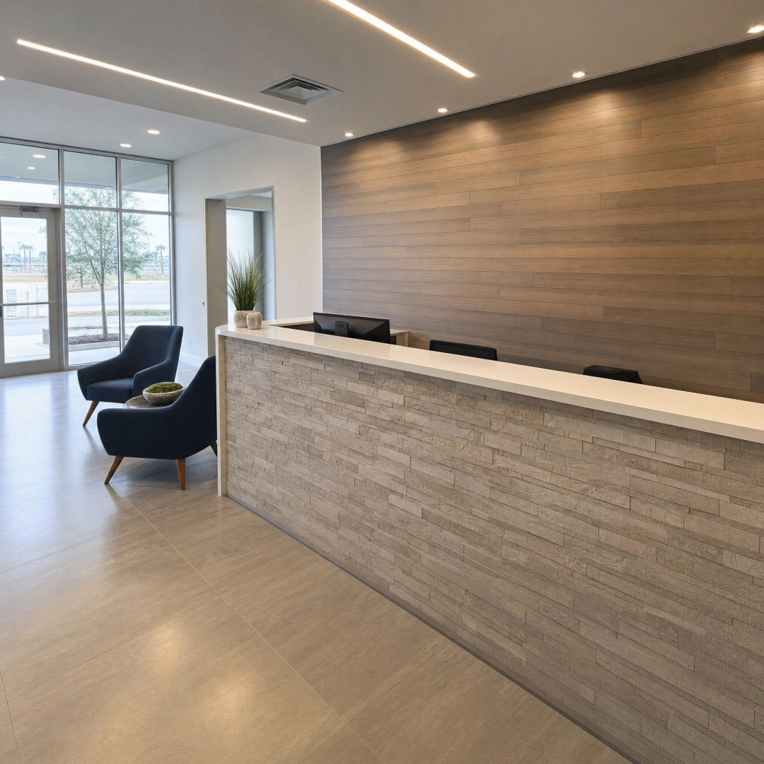 Renovated commercial lobby with a stone-faced reception desk, wood accent wall and large-format porcelain tile flooring