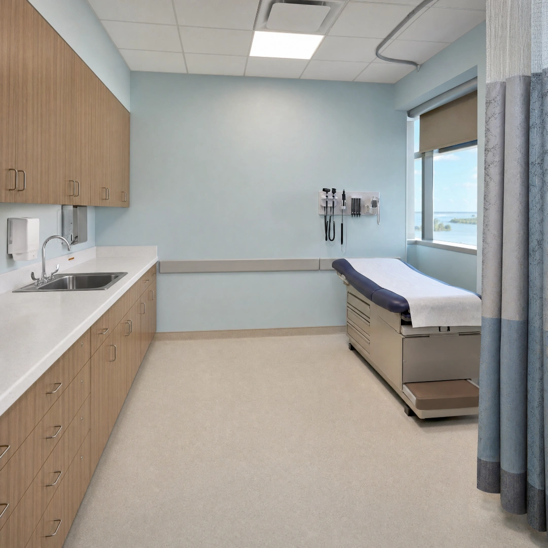 Renovated medical office exam room with a treatment table, built-in casework, a sink and vinyl flooring