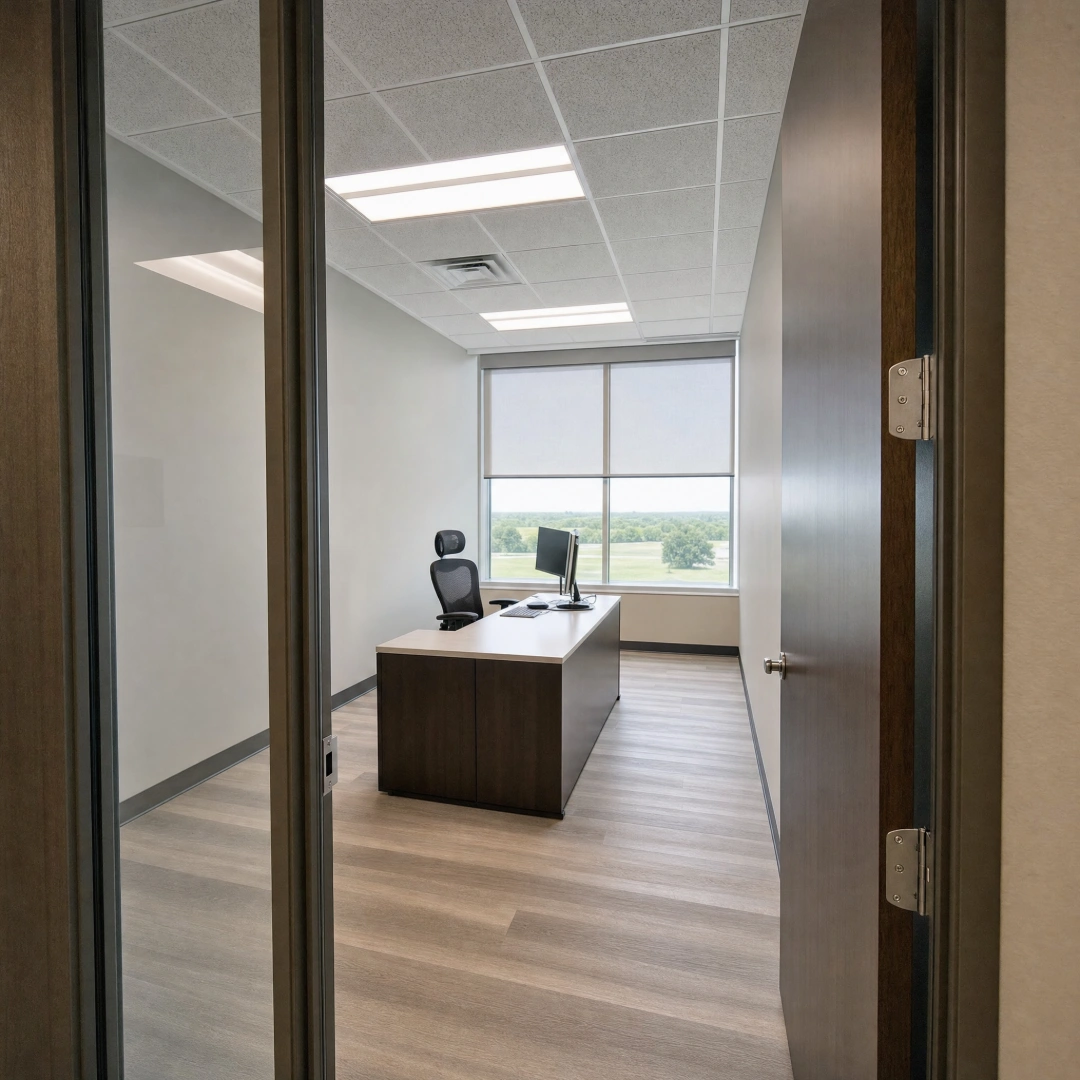 Renovated office suite with private offices, glass partitions, new flooring and suspended ceiling lighting