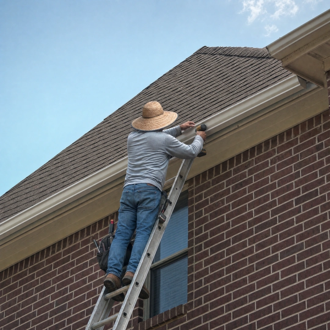 Gutter installer on an extension ladder fastening a section of seamless gutter to the fascia board of a brick home