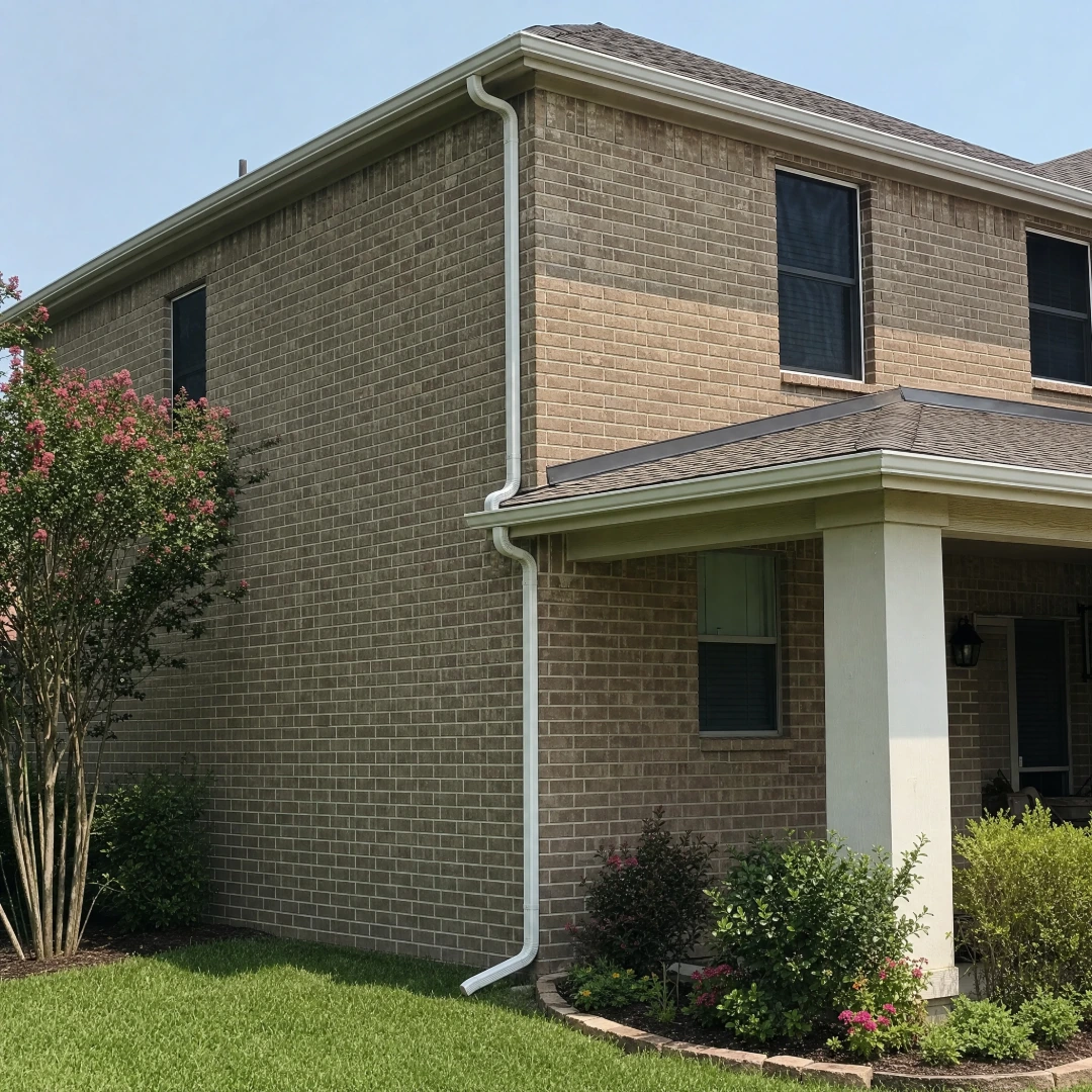 Complete seamless gutter and downspout system installed along the rooflines of a two-story brick home