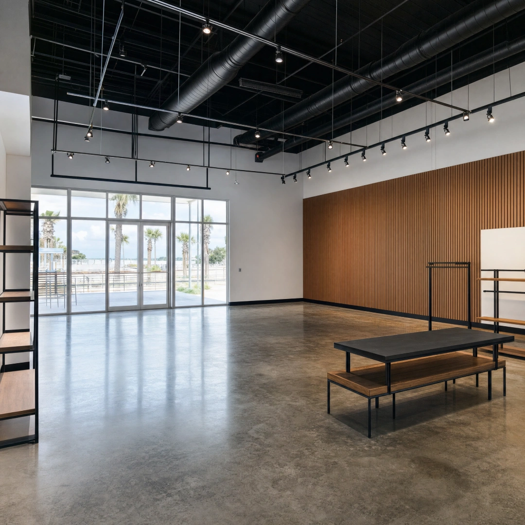 Renovated retail interior with polished concrete floors, track lighting and new display fixtures