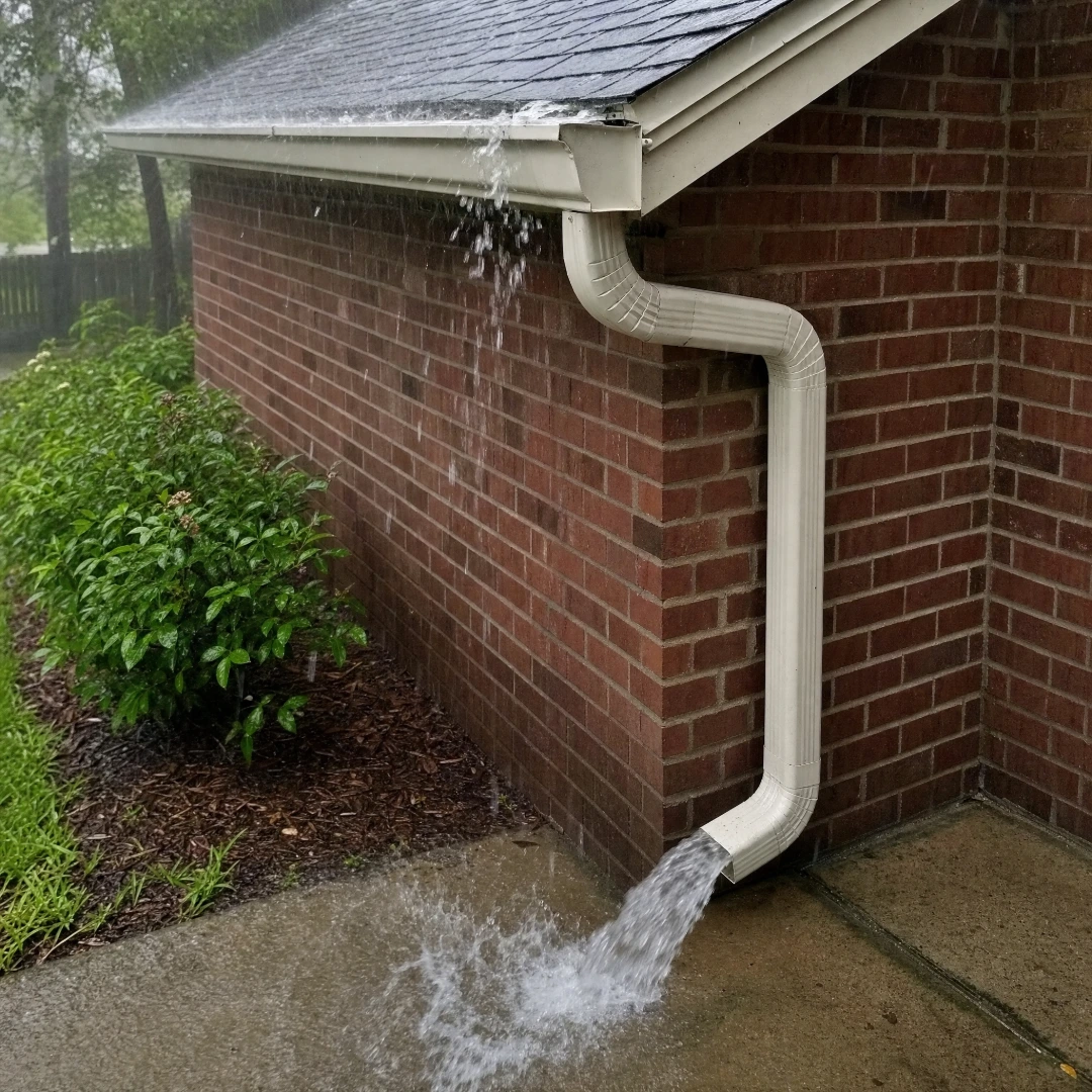 Rainwater running off the roof and through a K-style gutter and downspout during a heavy downpour