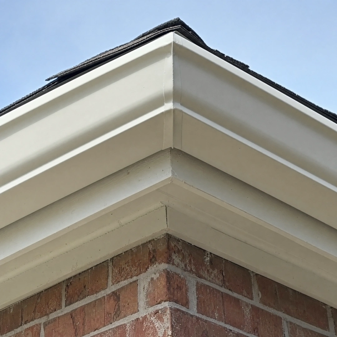 Close-up of a cleanly sealed outside miter corner where two runs of white K-style gutter meet at a roof corner