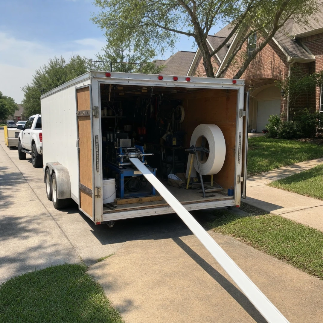 Seamless gutter roll-forming machine on a work trailer extruding a continuous length of white aluminum gutter