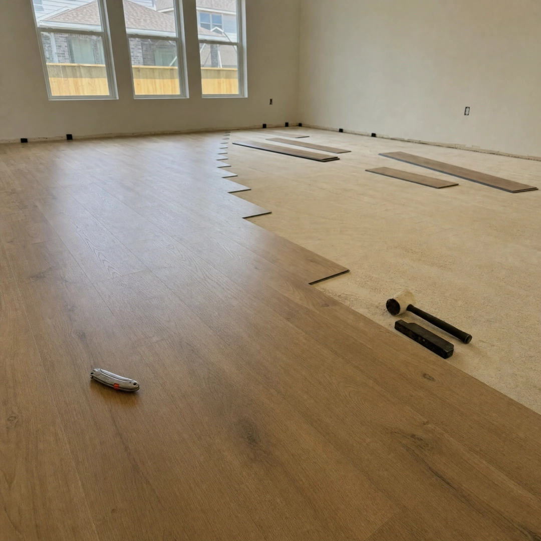 Luxury vinyl plank flooring being clicked into place over underlayment during an interior remodel