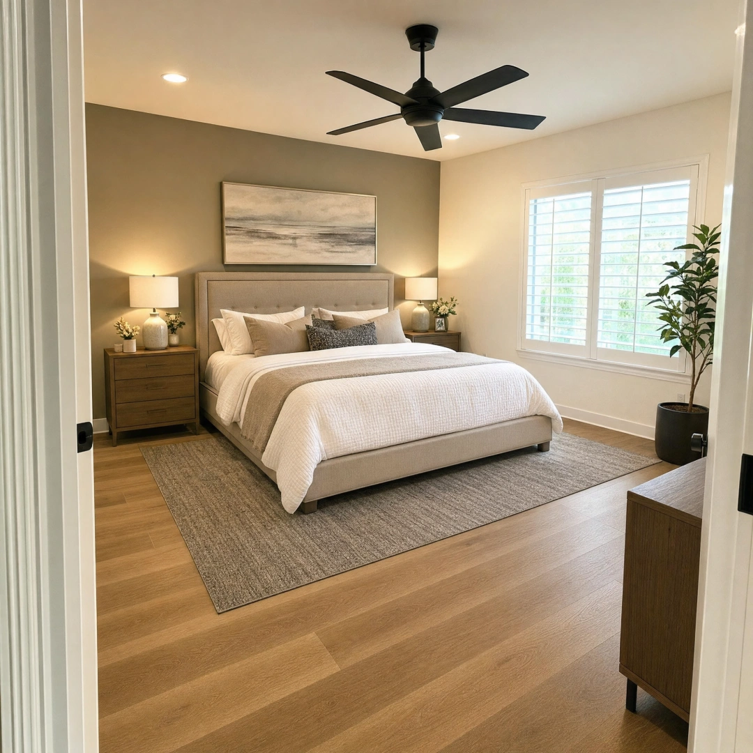 Remodeled primary bedroom with new flooring, fresh paint, recessed lighting and a wide window