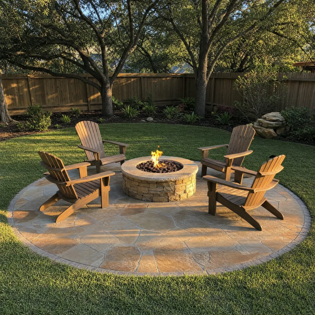 Backyard fire pit ringed by a paver patio and built-in seating in the evening