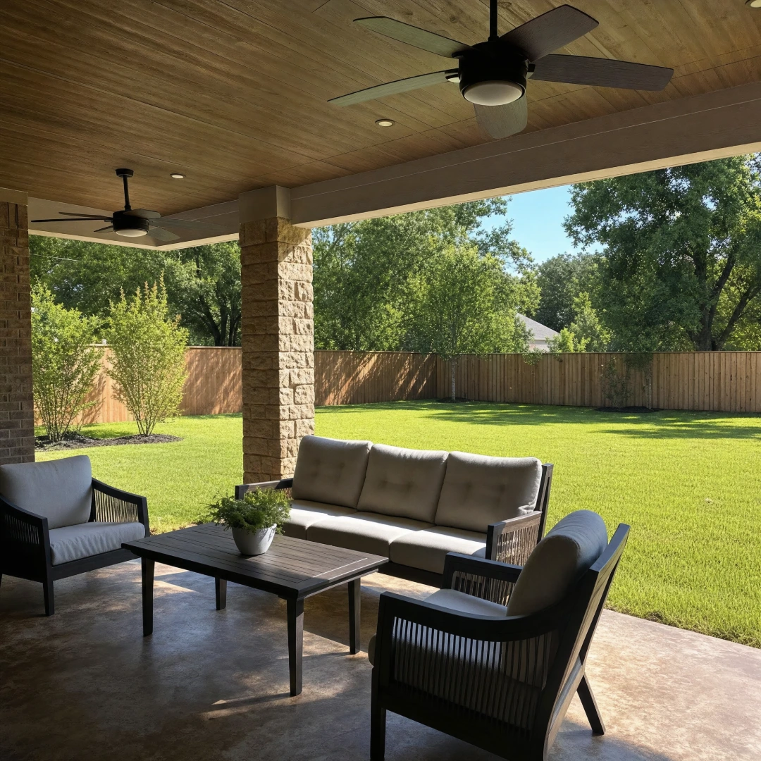Covered patio with a tongue-and-groove ceiling, outdoor ceiling fans and a cushioned seating group