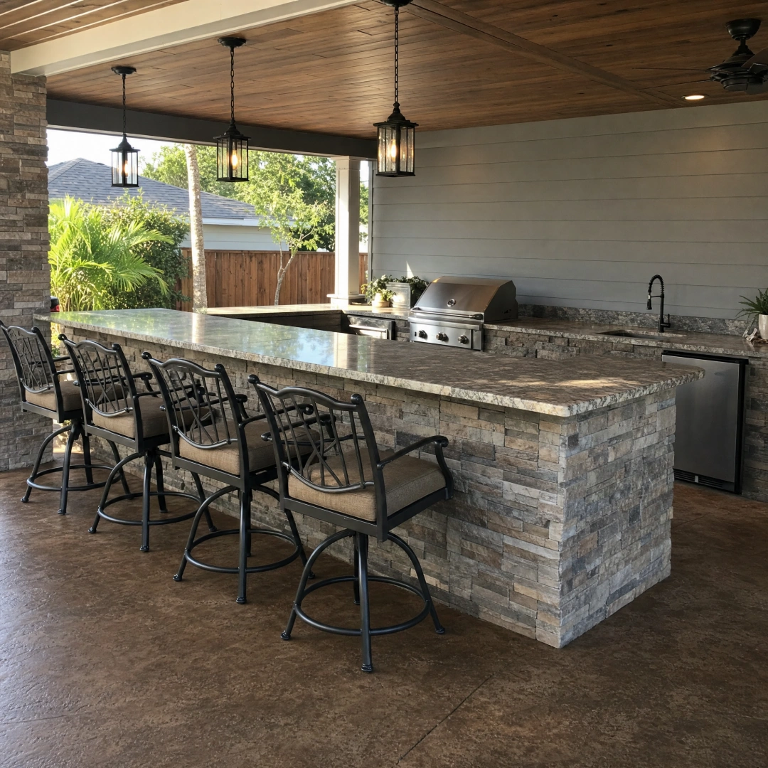 Outdoor kitchen bar with stone veneer, a granite countertop and bar stools under a covered patio