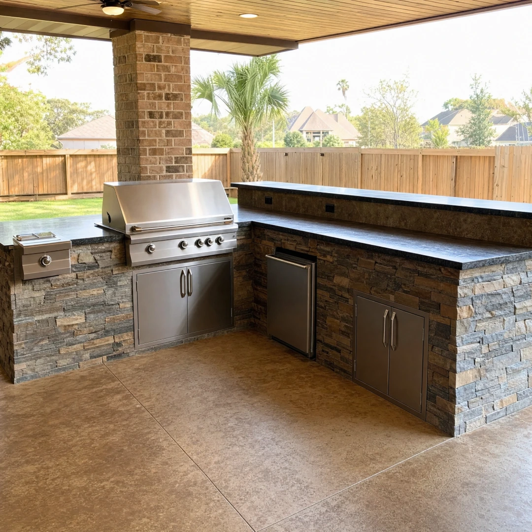 Outdoor kitchen with a stacked stone base, granite countertop and built-in stainless steel gas grill under a covered patio