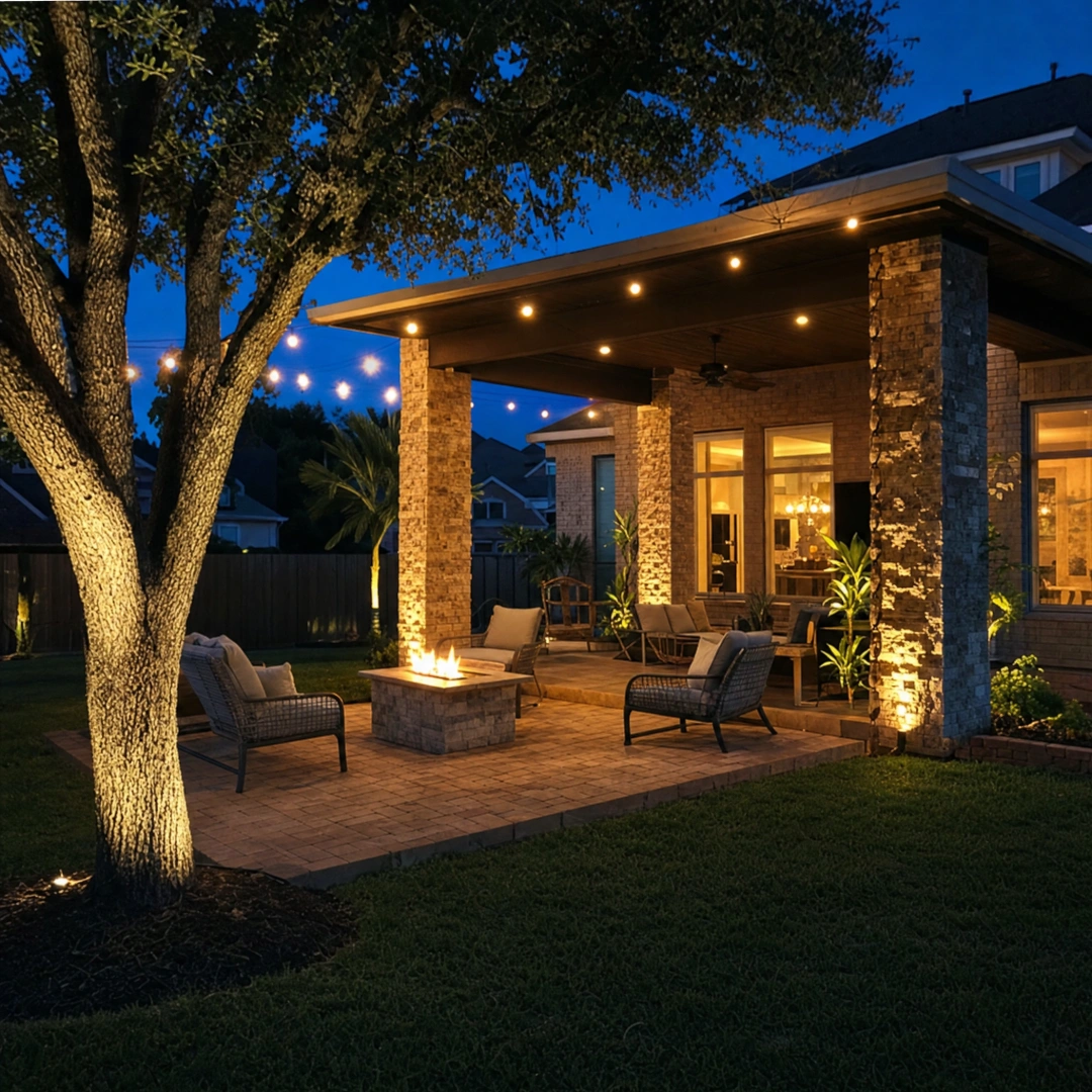 Covered patio and paver seating area at dusk with string lights, ceiling downlights and landscape uplighting switched on