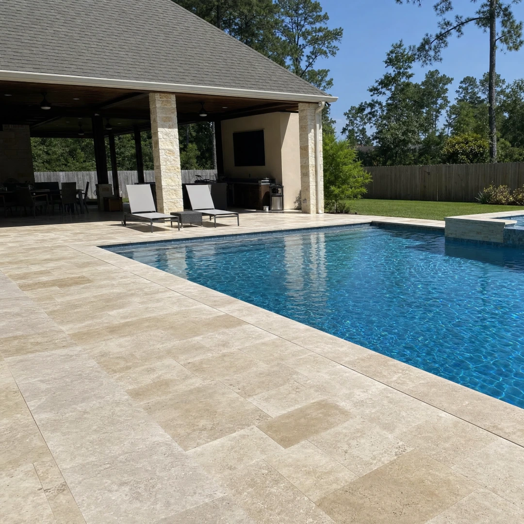 Travertine pool deck and patio surrounding a backyard swimming pool