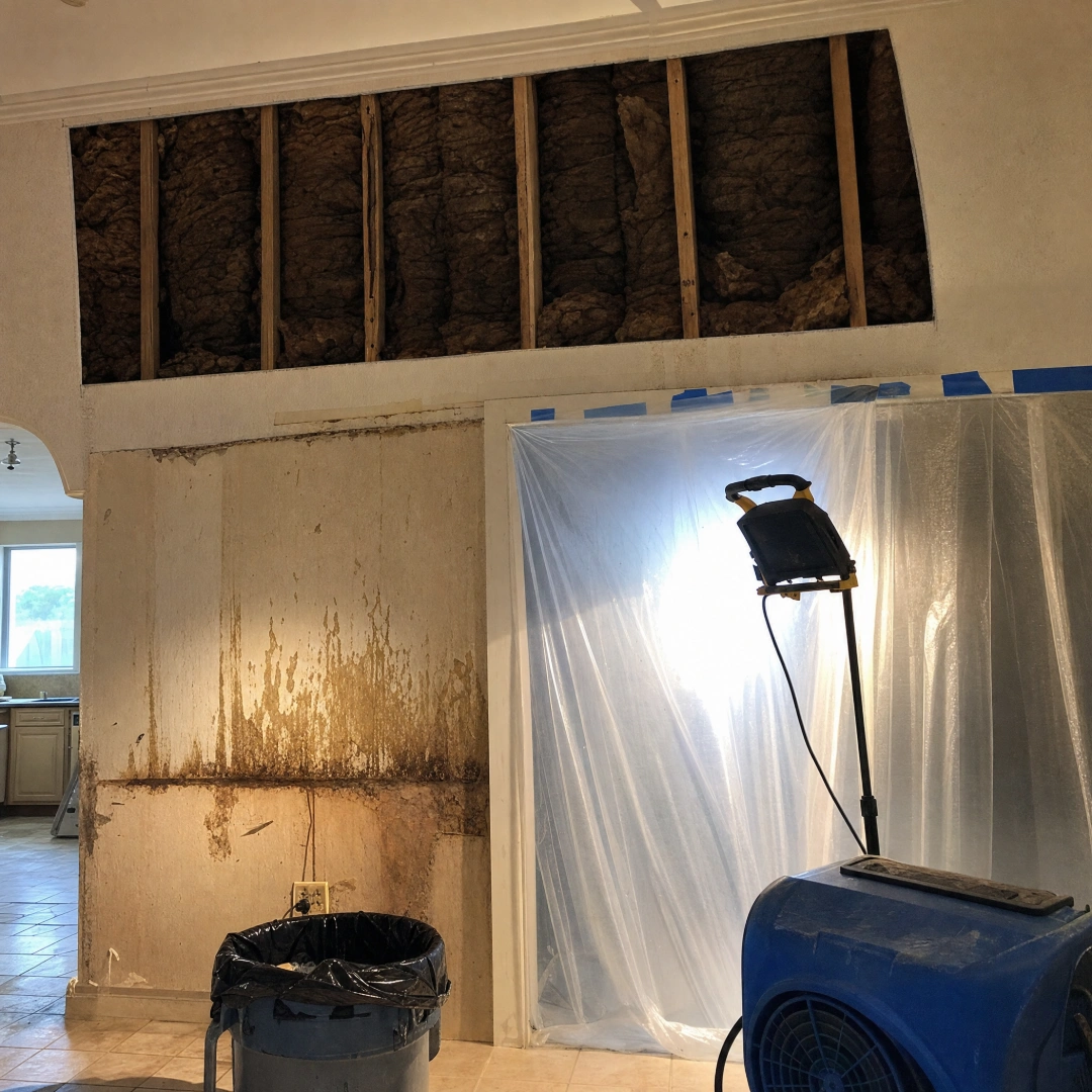 Water-damaged interior with drywall cut away and wet insulation exposed during storm restoration