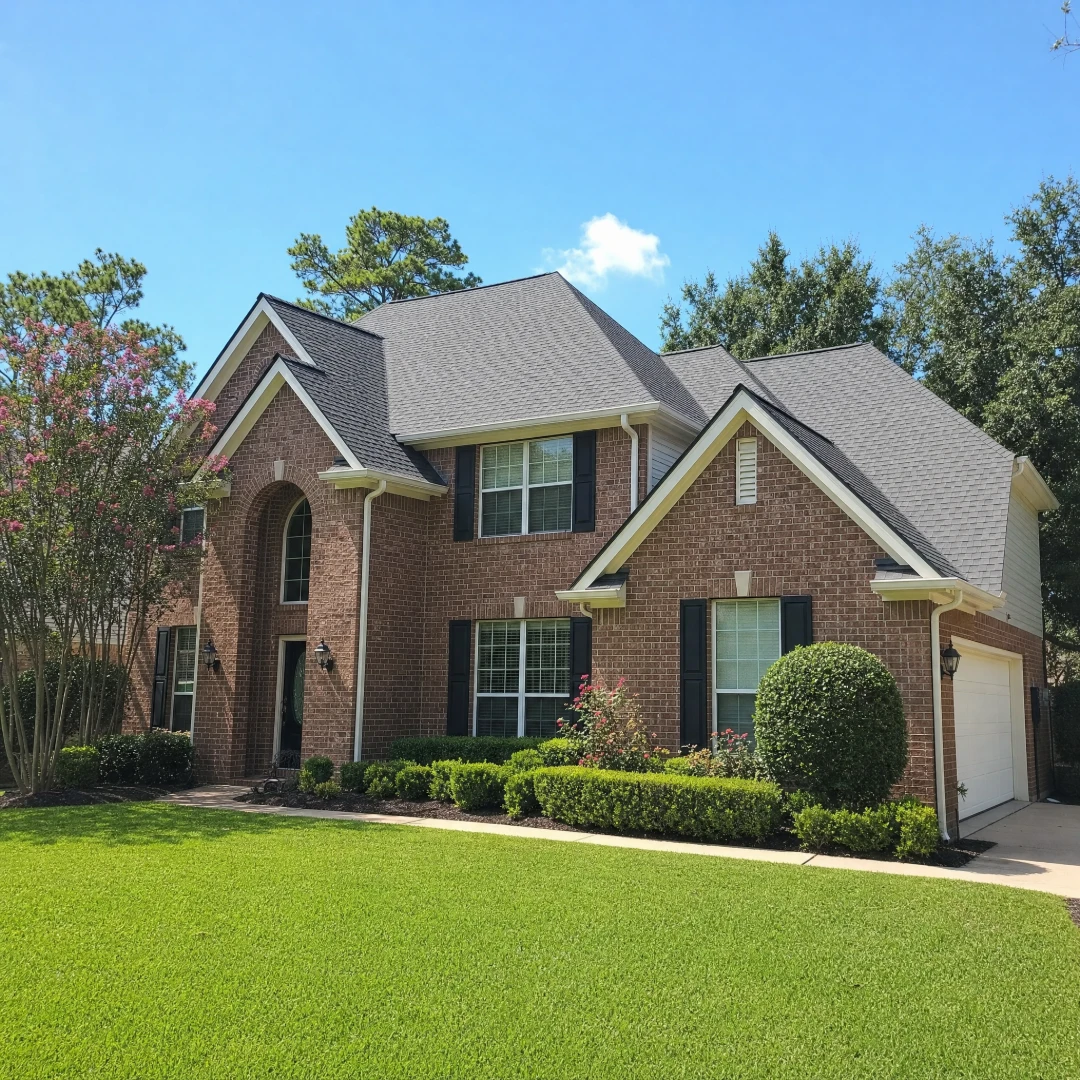 Two-story brick home with a completed new architectural shingle roof after storm damage restoration