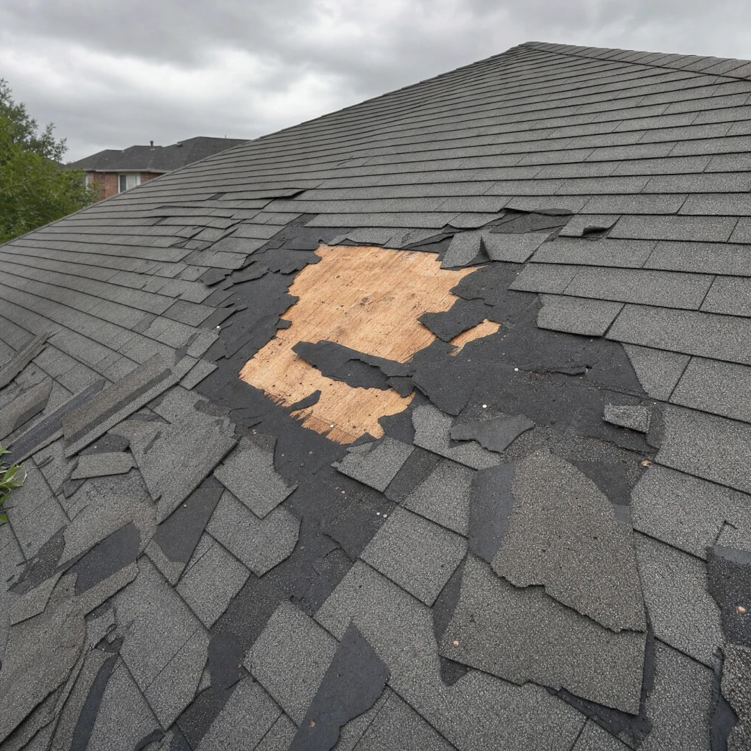 Wind damage on a roof with shingles lifted and missing, exposing the underlayment beneath