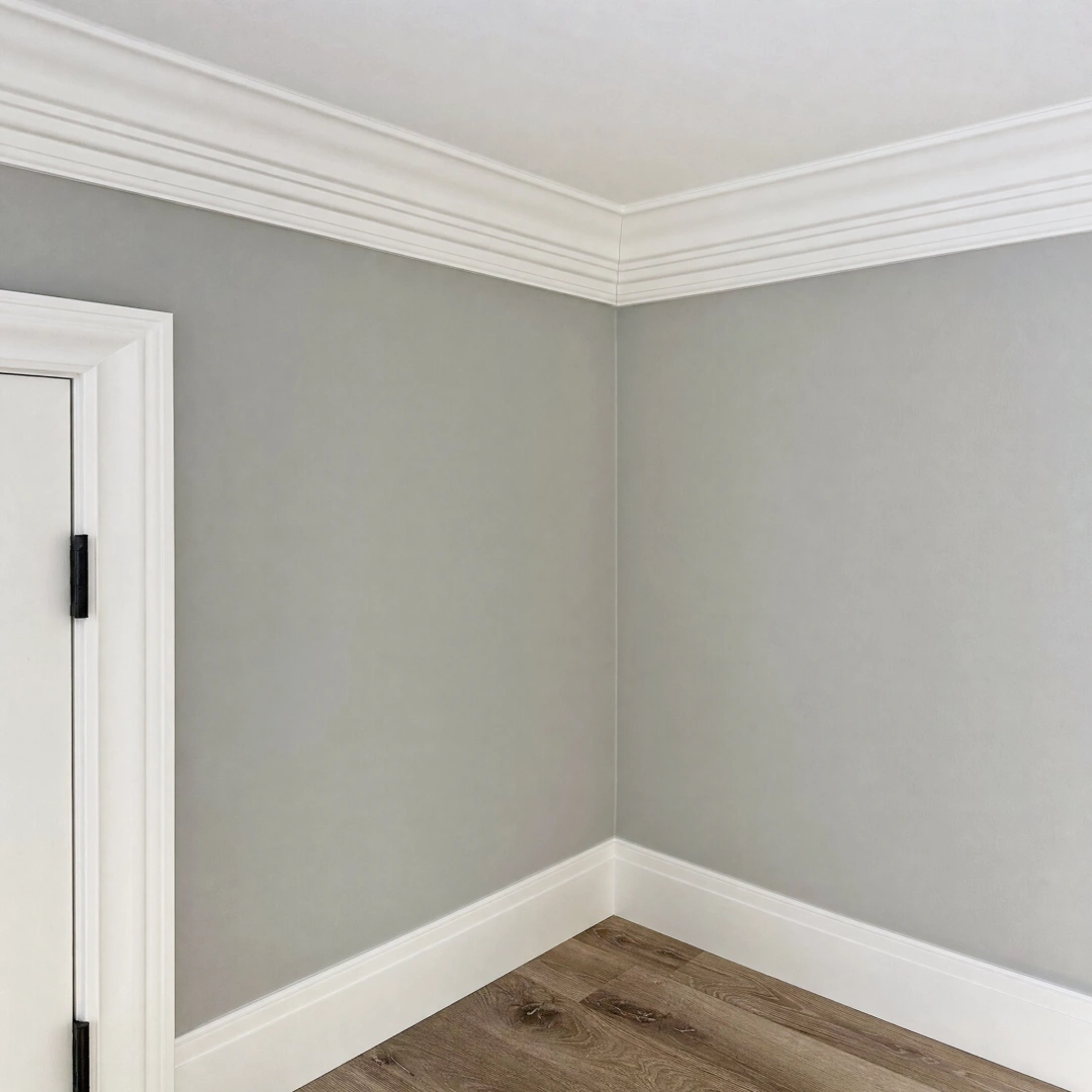 Finish carpentry detail showing newly installed crown molding and baseboard trim in a freshly painted room