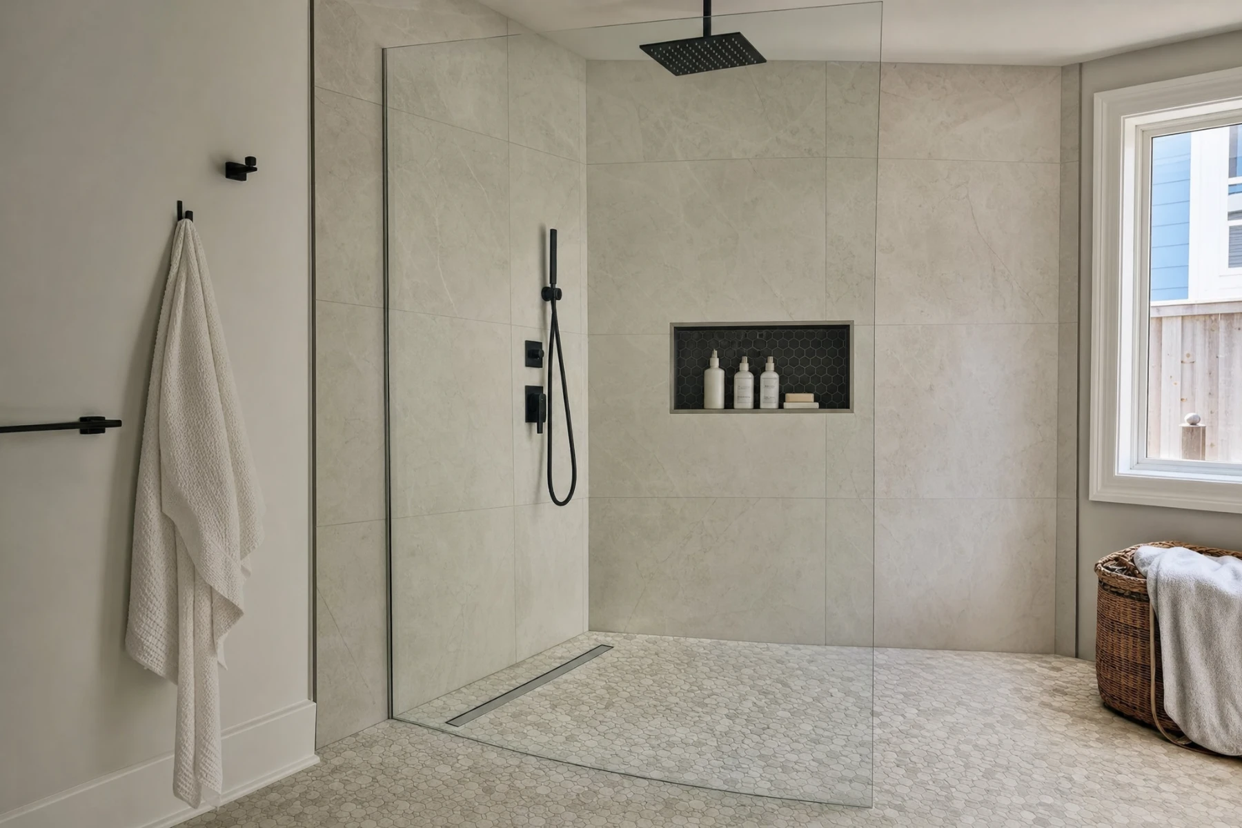 Walk in tile shower with frameless glass in a remodeled Cypress, Texas bathroom