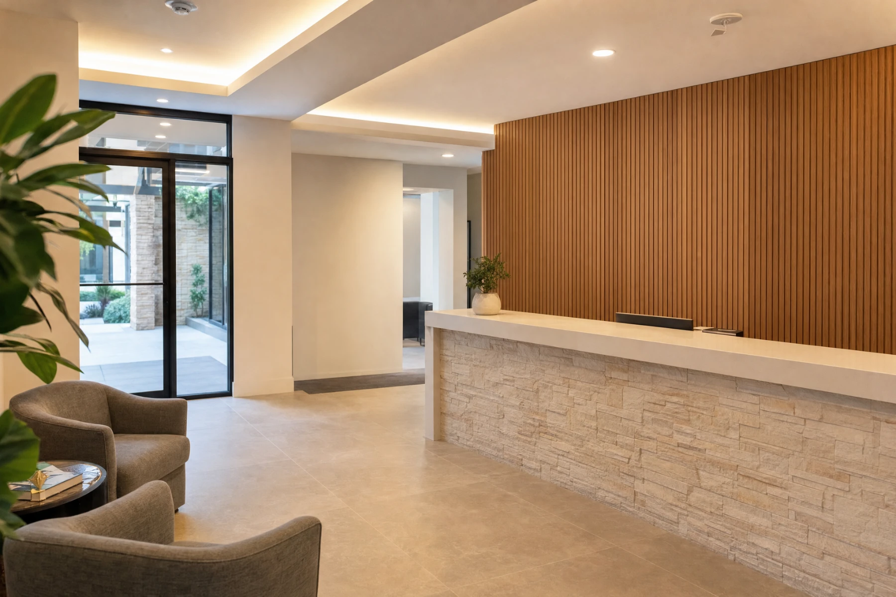 Finished lobby and reception desk in a renovated commercial building near Cypress, Texas