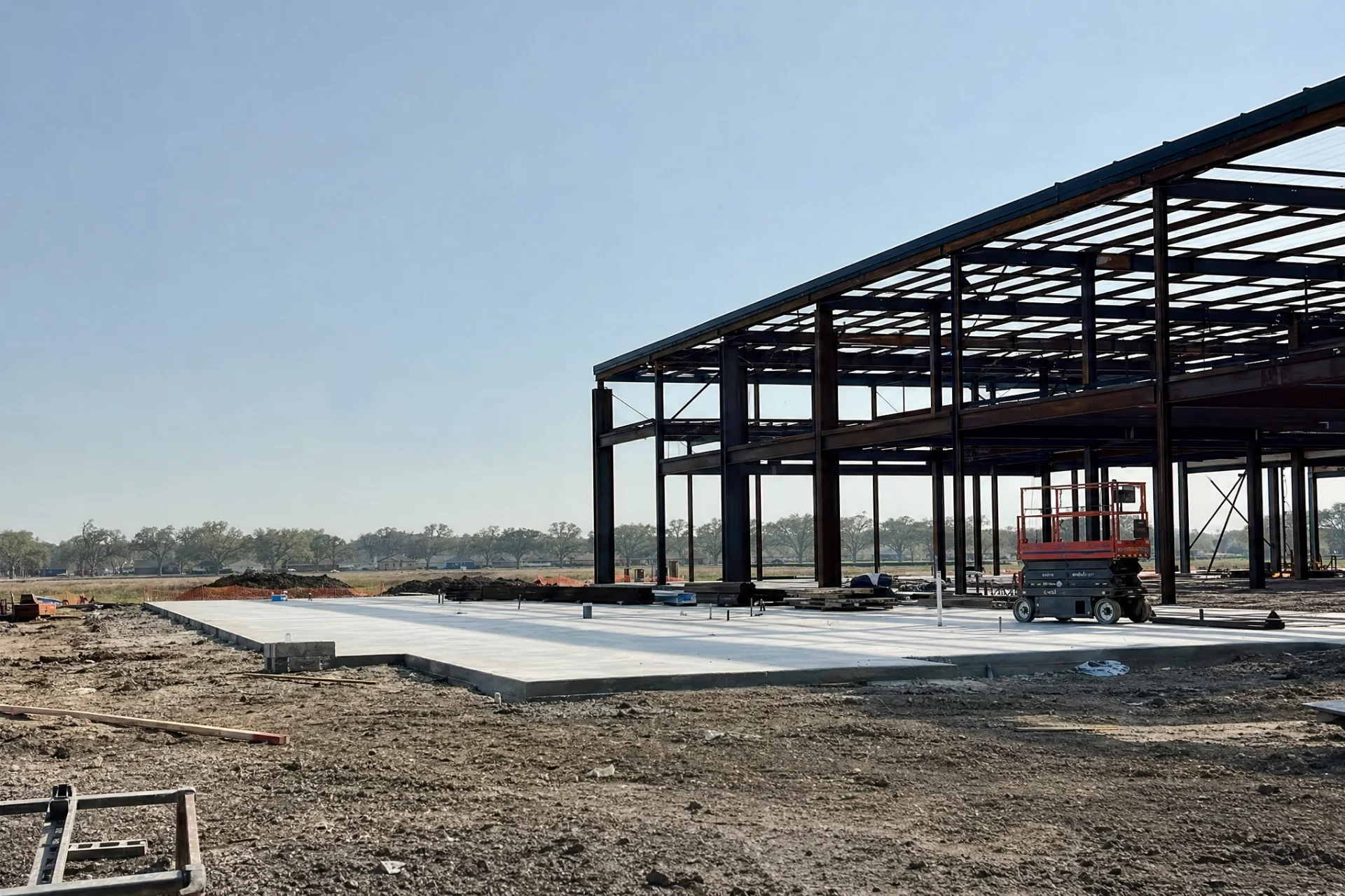 Active commercial construction jobsite with a steel frame near Cypress, Texas