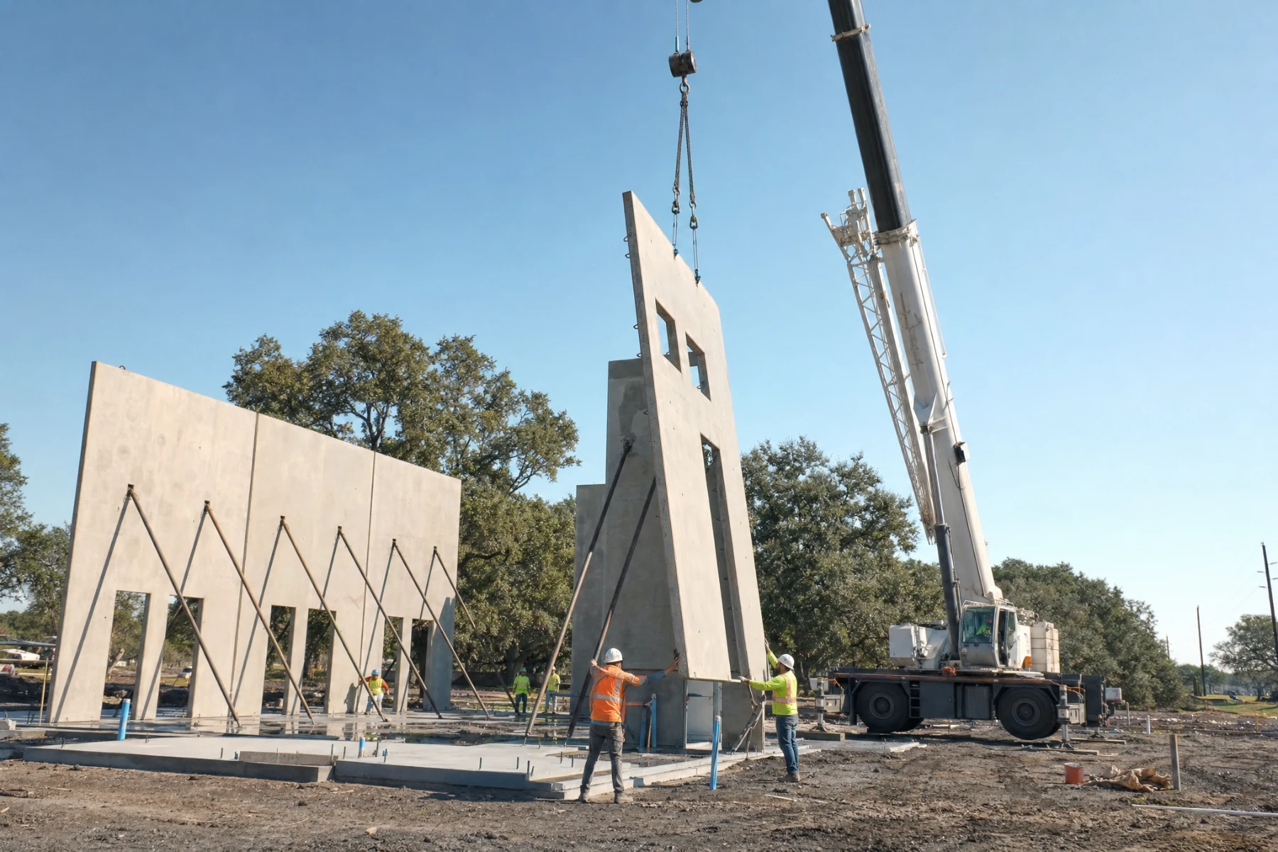 Crane lifting a tilt wall panel on a commercial construction site near Cypress, Texas