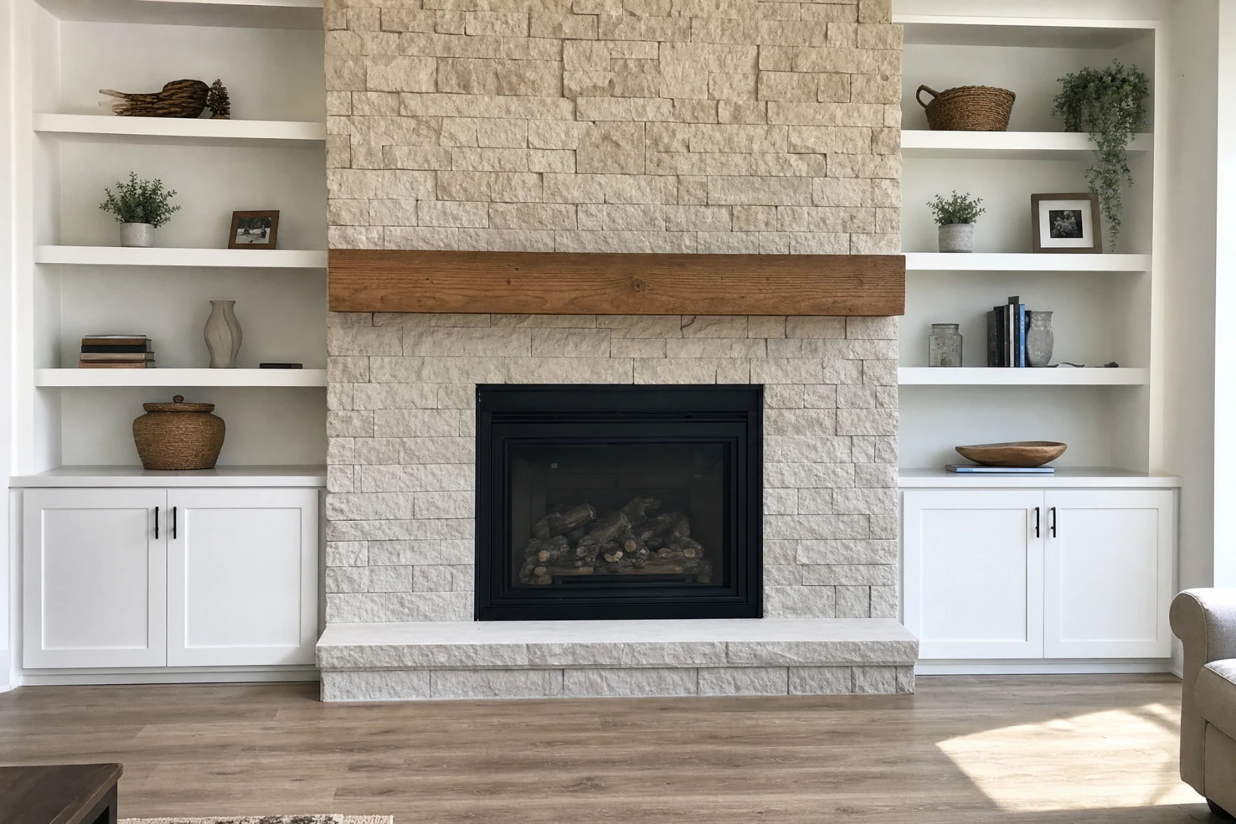 Built in shelving beside a stone fireplace in a remodeled Cypress, Texas living room