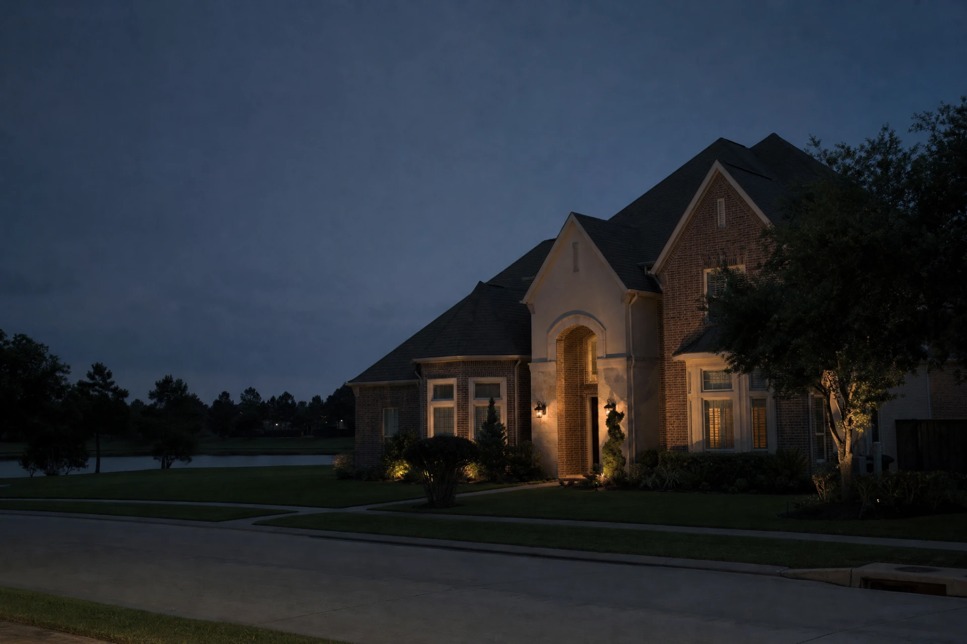 Master planned community home beside a community lake at dusk in Sugar Land, Texas