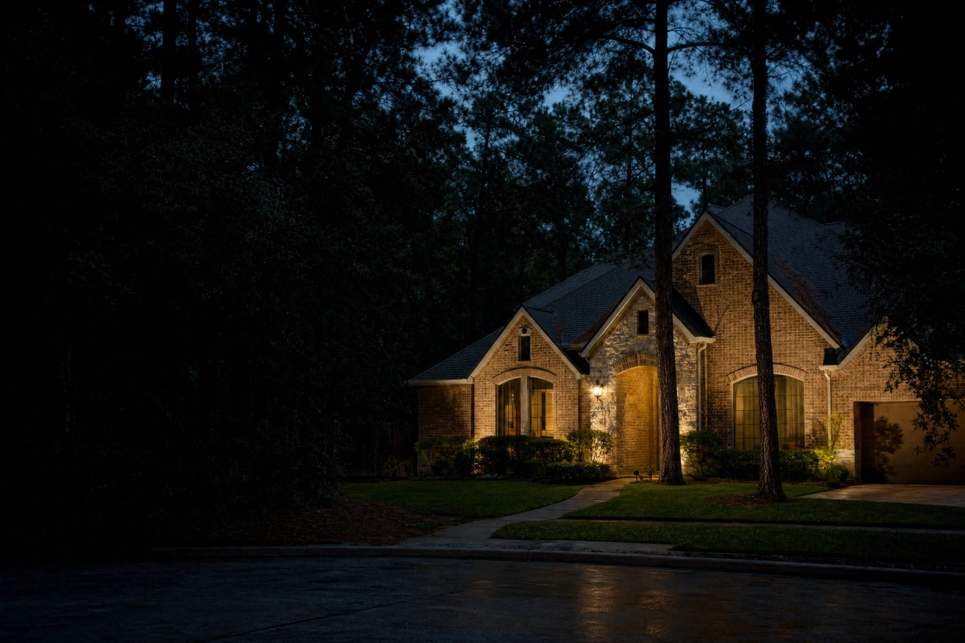 Brick home under tall pines at dusk in Spring, Texas