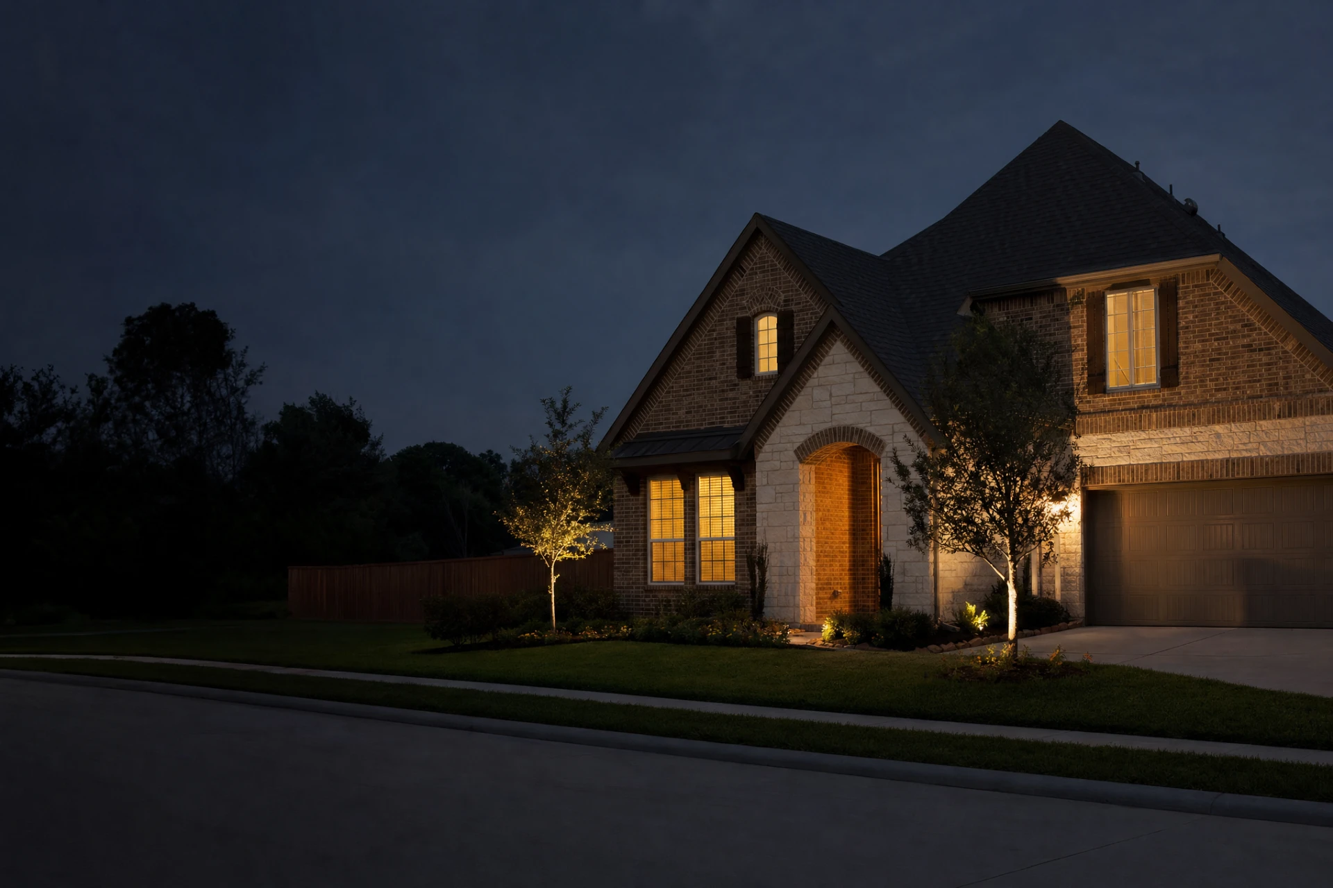 Master planned community home at dusk in Katy, Texas