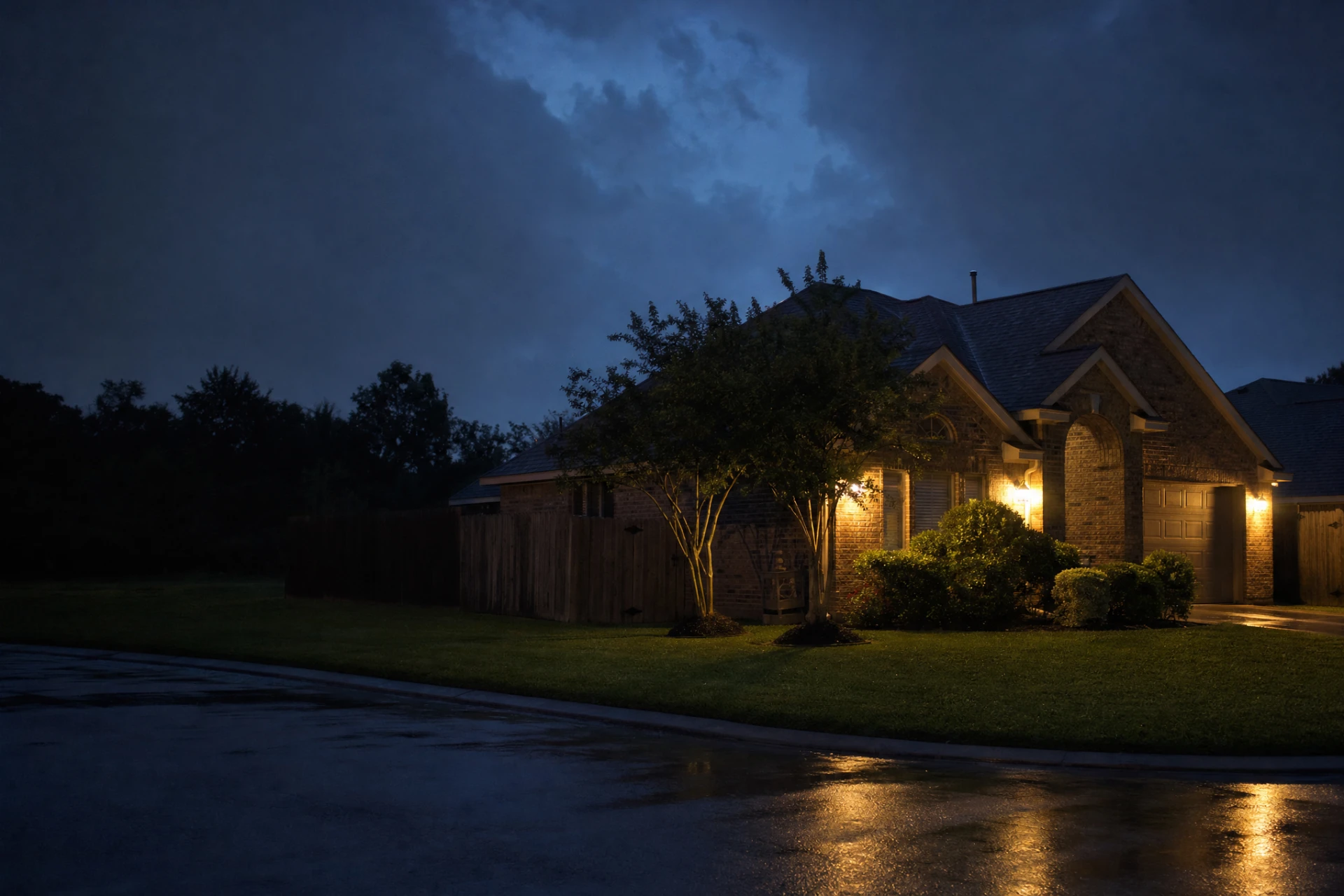 Brick home with a wet roof just after a thunderstorm in north Houston, Texas