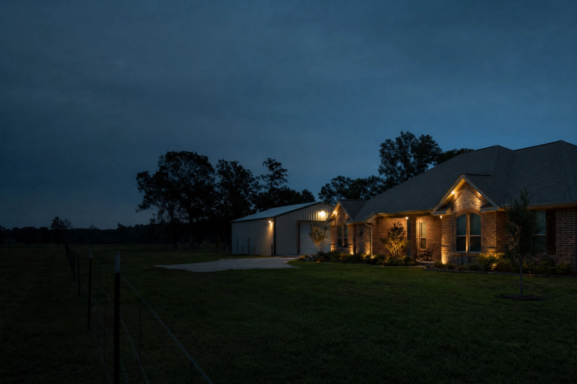 Acreage property with a ranch home and detached workshop barn at dusk in Tomball, Texas