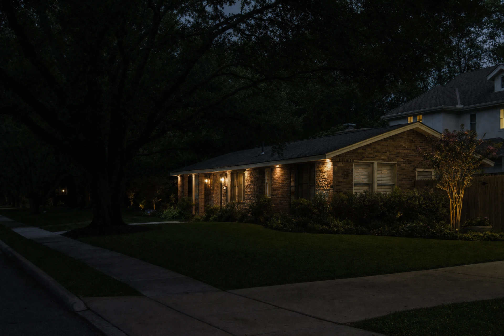 1950s brick ranch home beneath live oaks at dusk in Bellaire, Texas
