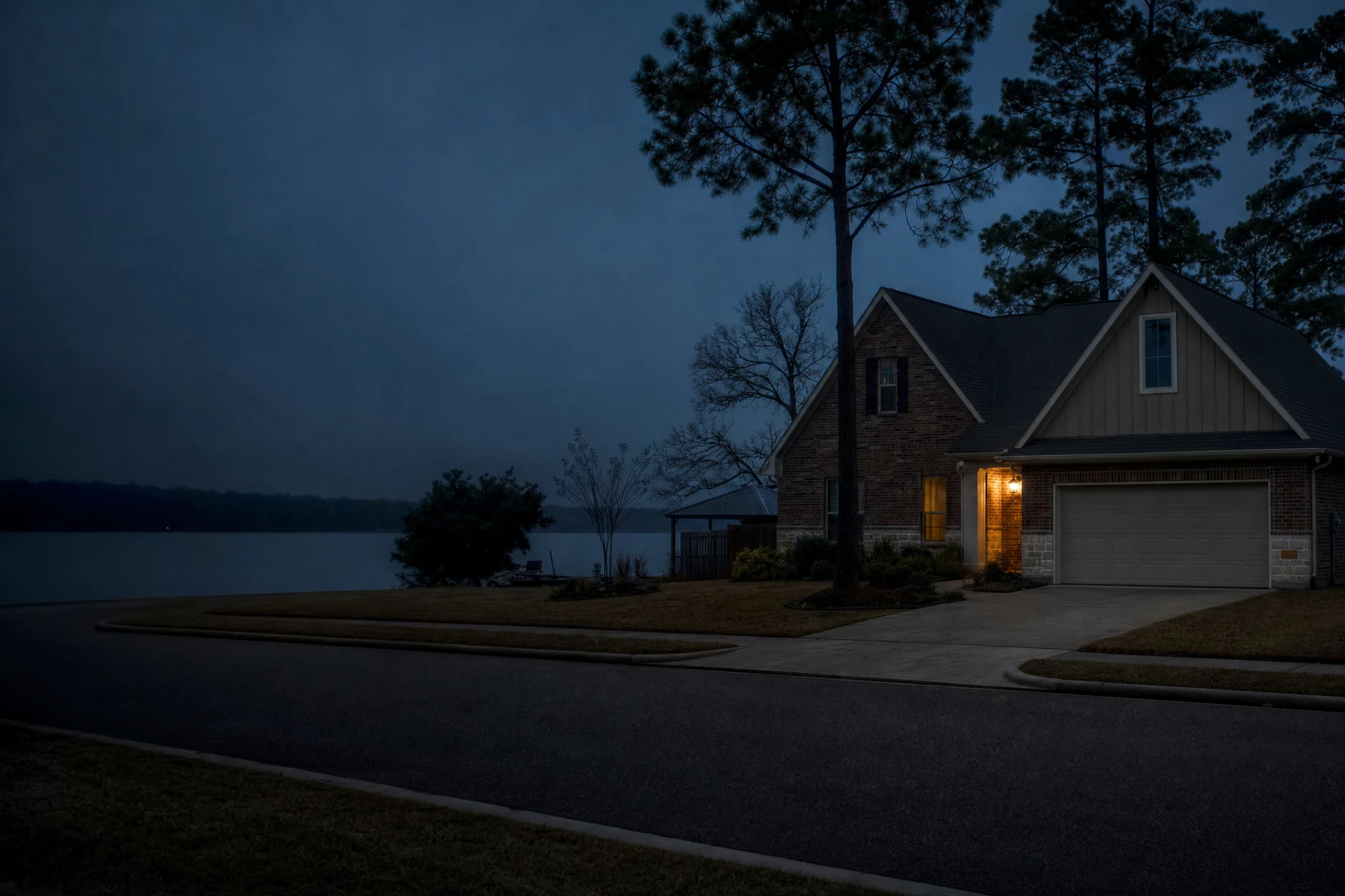 Home near Lake Conroe at dusk with a new shingle roof in Conroe, Texas