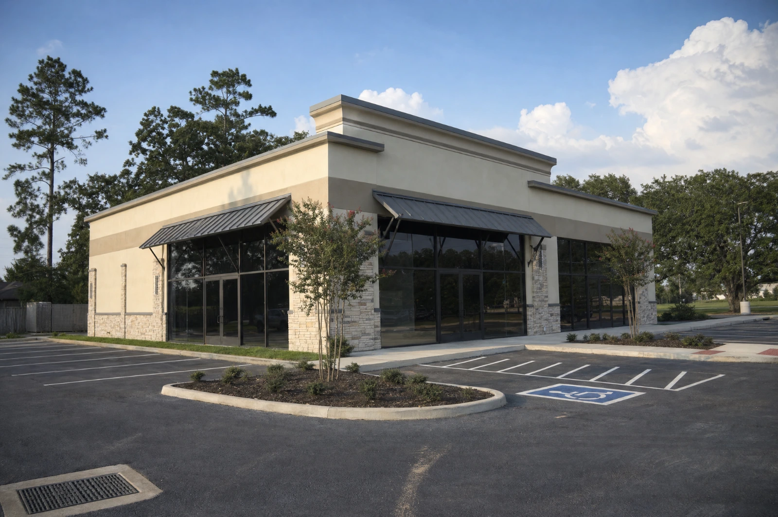 Completed stucco and stone commercial building with metal awnings and a finished parking lot in the Houston area