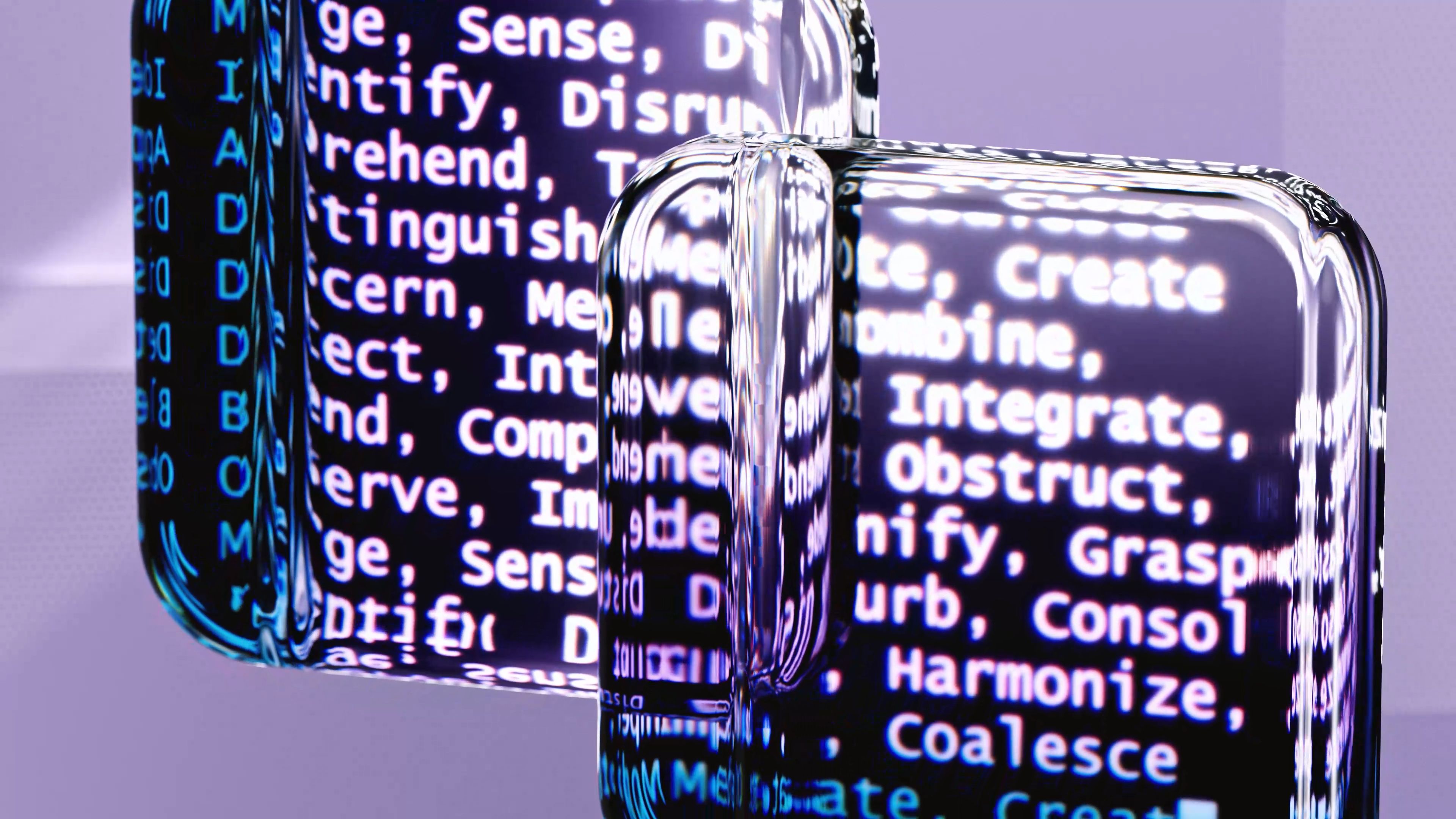 Close-up of elongated glass objects reflecting and distorting white text on a purple background, including words like Create, Integrate, Obstruct, Grasp, Harmonize.