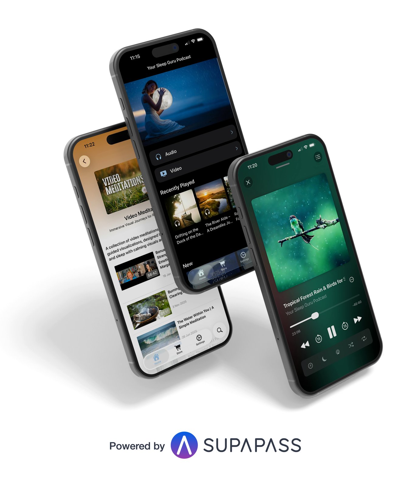 Three phones showing the Your Sleep Guru app built on SupaPass, with the Powered by SupaPass logo beneath