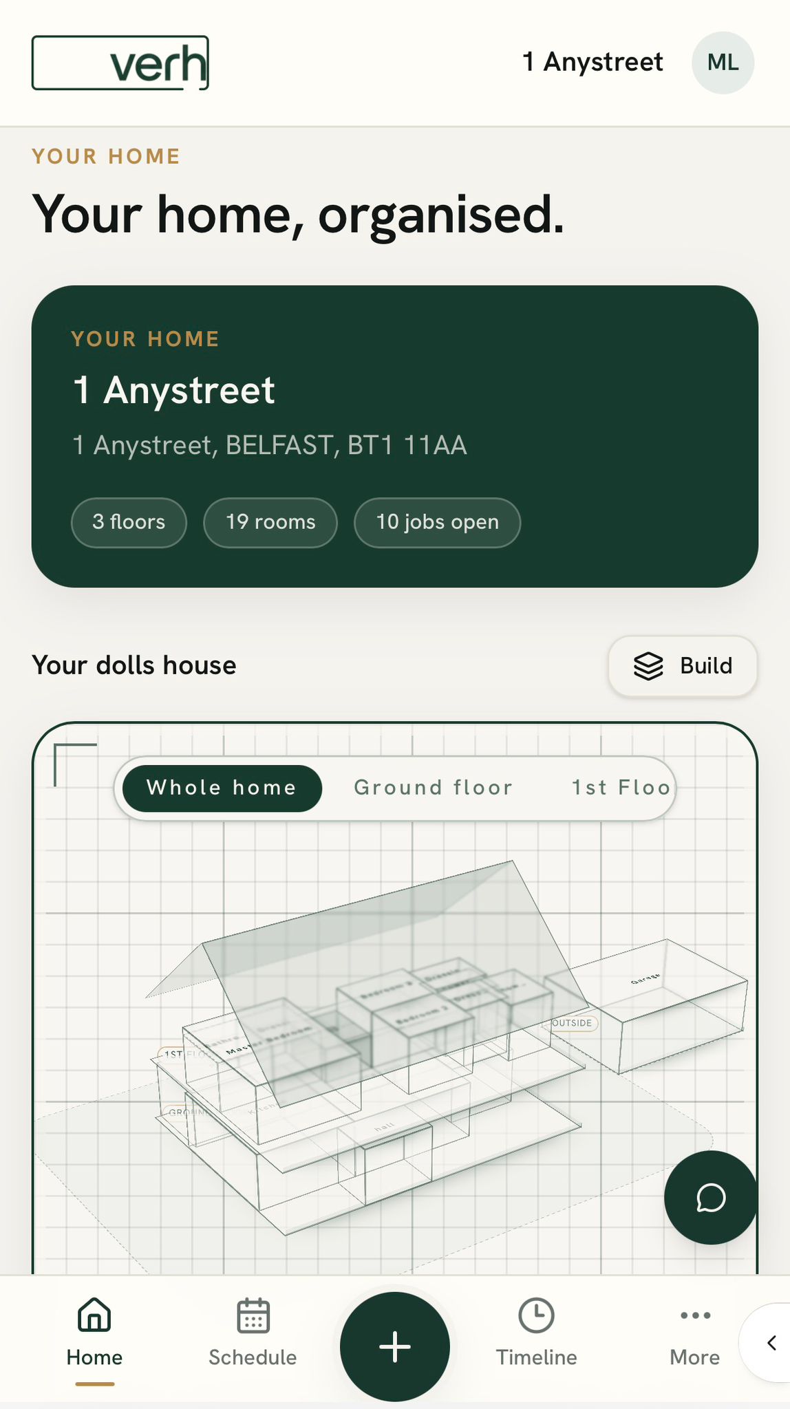 Verh app Home Record showing property details, rooms and home systems