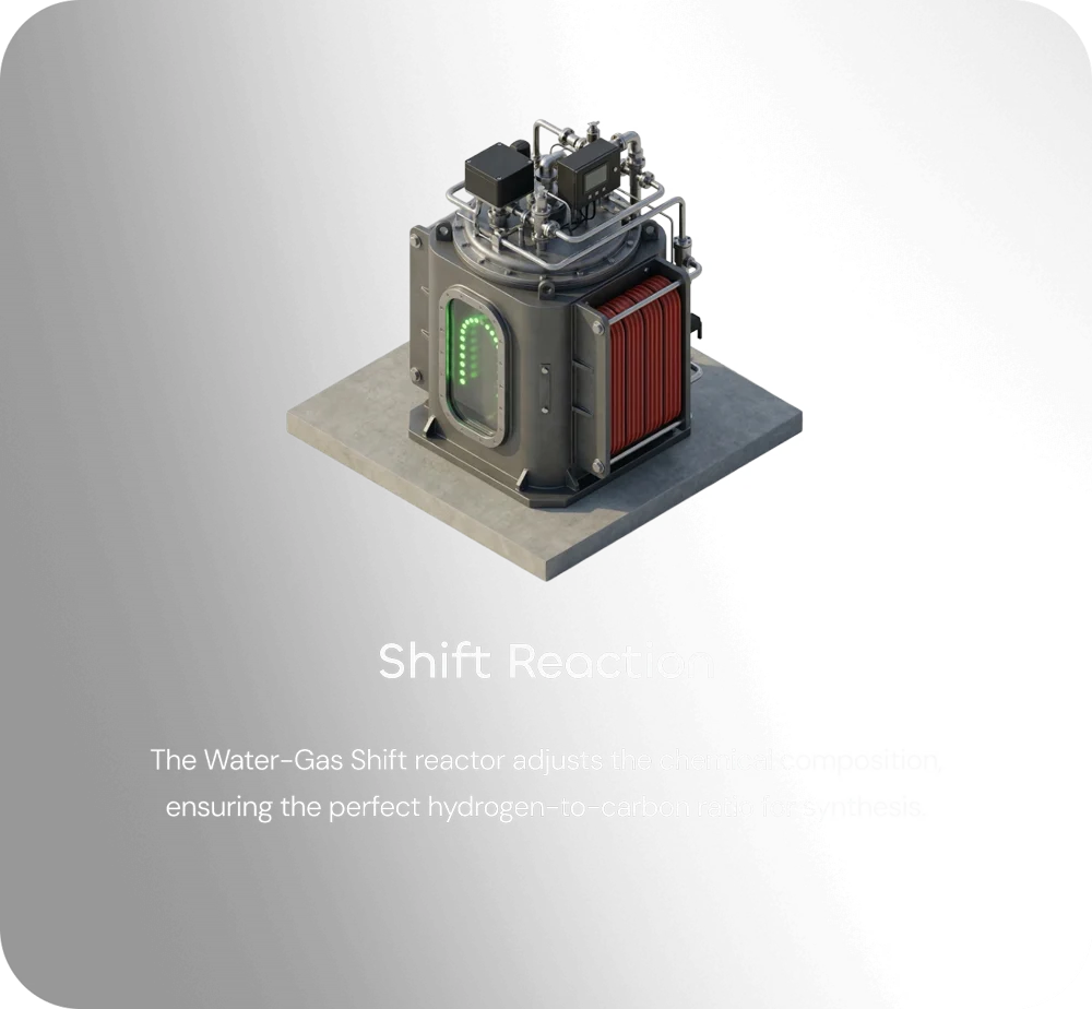 Shift Reaction: Der Water-Gas-Shift-Reaktor stellt das Wasserstoff-Kohlenstoff-Verhältnis für die Synthese ein.