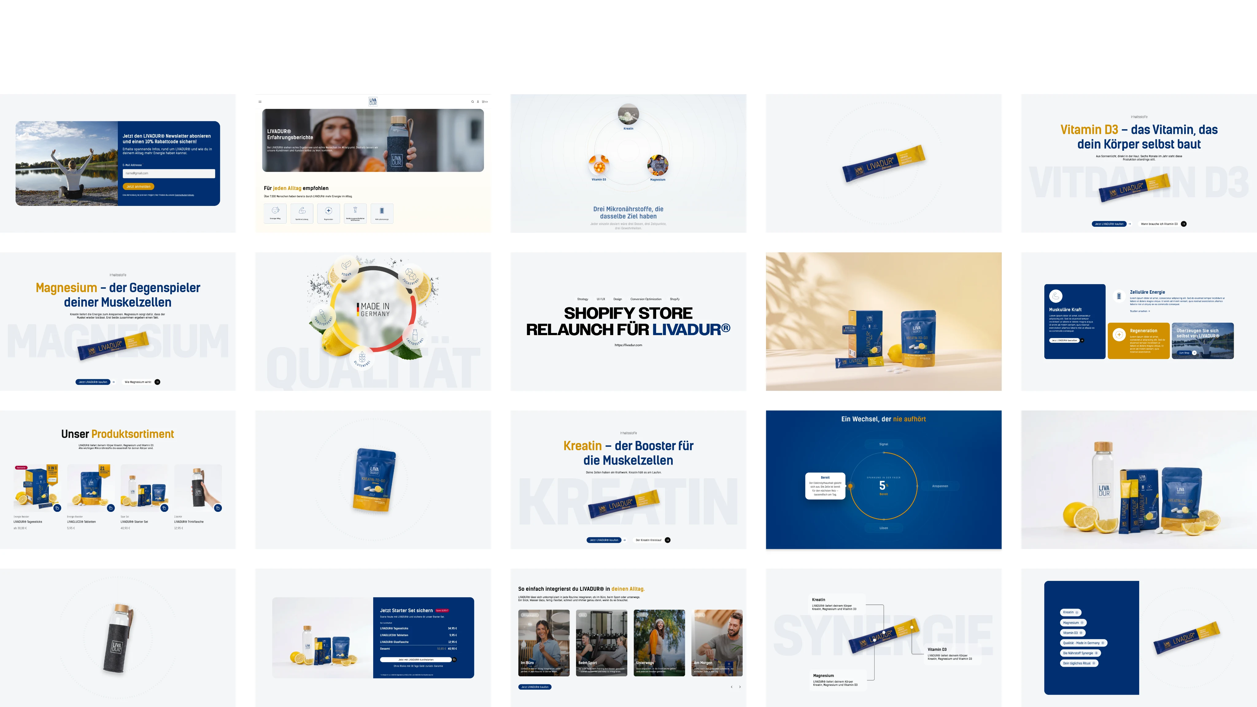 Ausschnitte aus dem neuen LIVADUR® Shopify Store: Startseite, Produktseiten, Newsletter und Produktsortiment