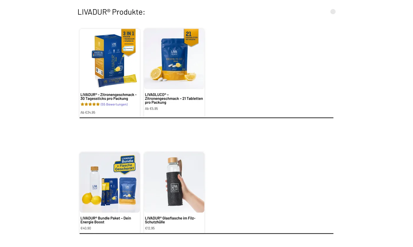 Alter LIVADUR Shop: Produktübersicht