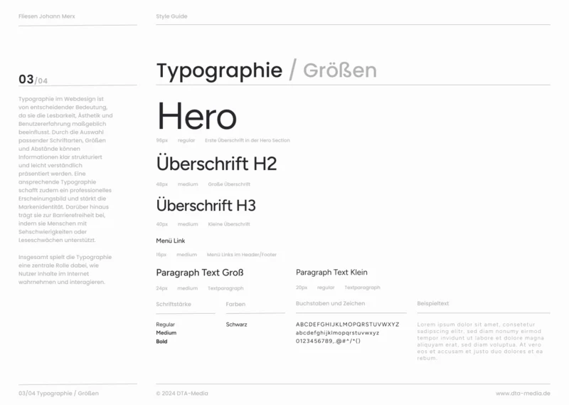 Styleguide Fliesen Merx: Schriftgrößen