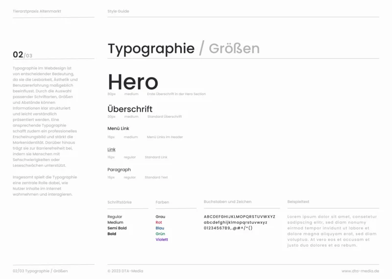 Styleguide Tierarztpraxis Altenmarkt: Schriftgrößen