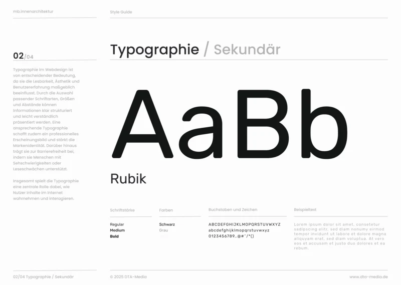 Styleguide MB Innenarchitektur: sekundäre Schrift Rubik
