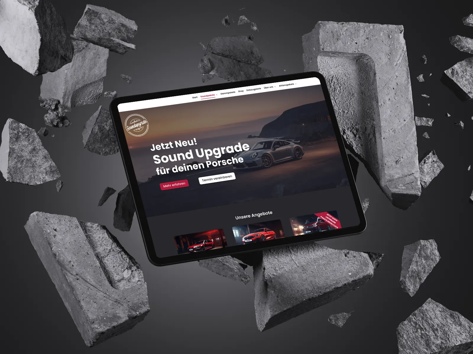 Soundupgrade Bayern Website auf einem Tablet: Übersichtsseite für Soundupgrades mit verschiedenen Autos zur Auswahl