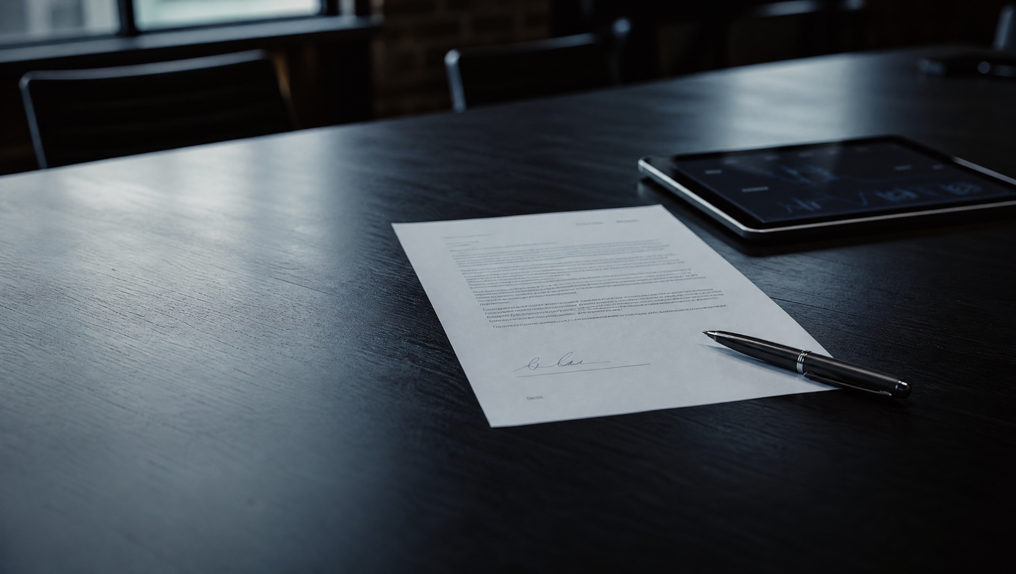 Illustrative boardroom table with a document and tablet.